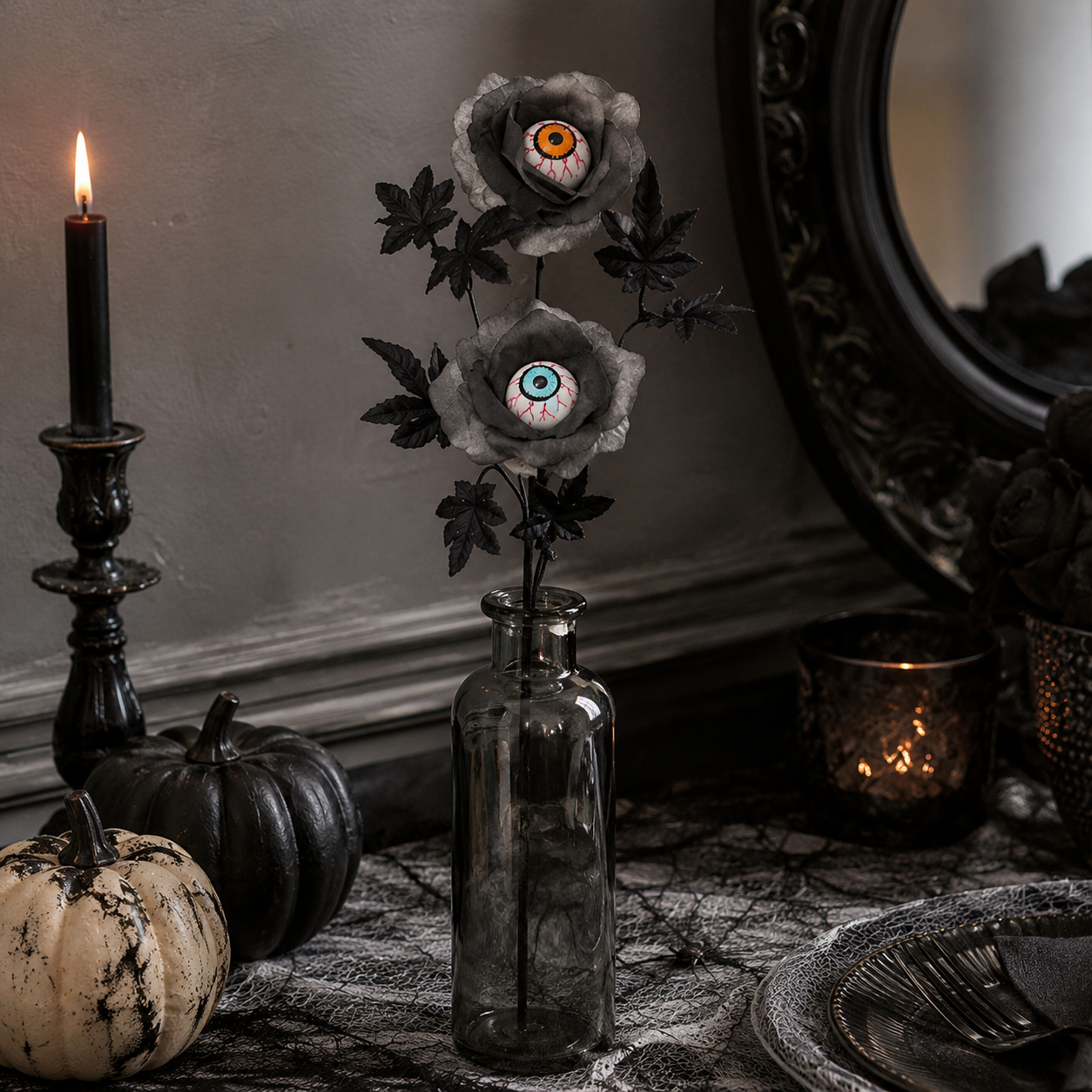 Halloween Eyeball Rose Artificial Flower Stems, Gothic Black Rose Decor