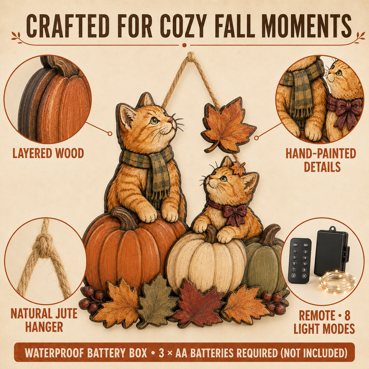 Autumn Whiskers Cat & Pumpkin Wooden Hanging Decor