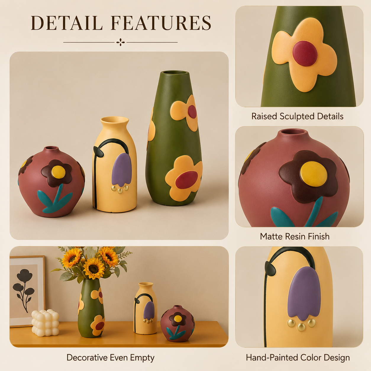 Retro Bloom Sculpted Resin Vase Collection