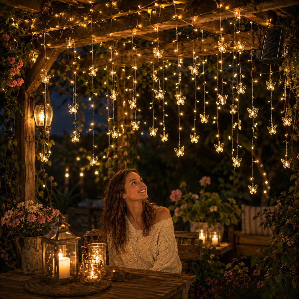 118.1 in Solar Butterfly Waterfall Curtain Lights 🦋✨ Warm White Outdoor Fairy Lights with Remote Control & 8 Lighting Modes