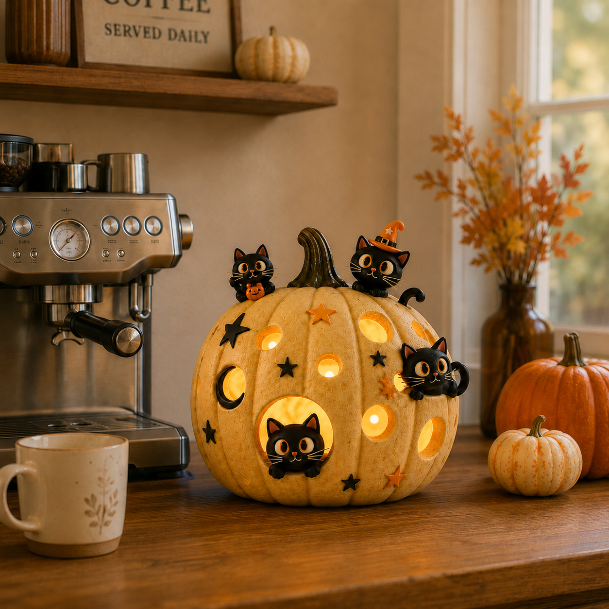 Lighted Black Cat Pumpkin Halloween Decor