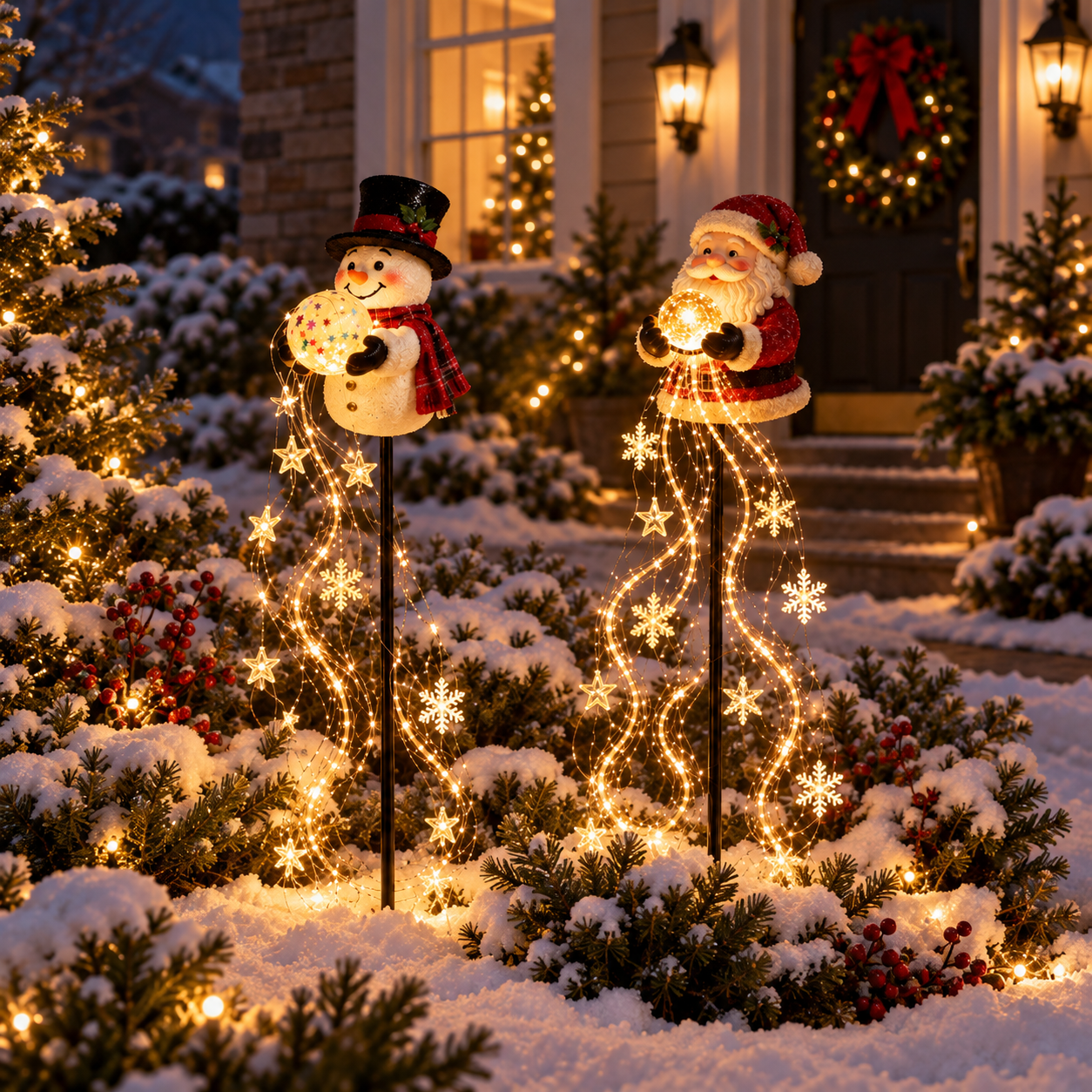 Christmas Magic Fountain Snowman & Santa Garden Stake Light