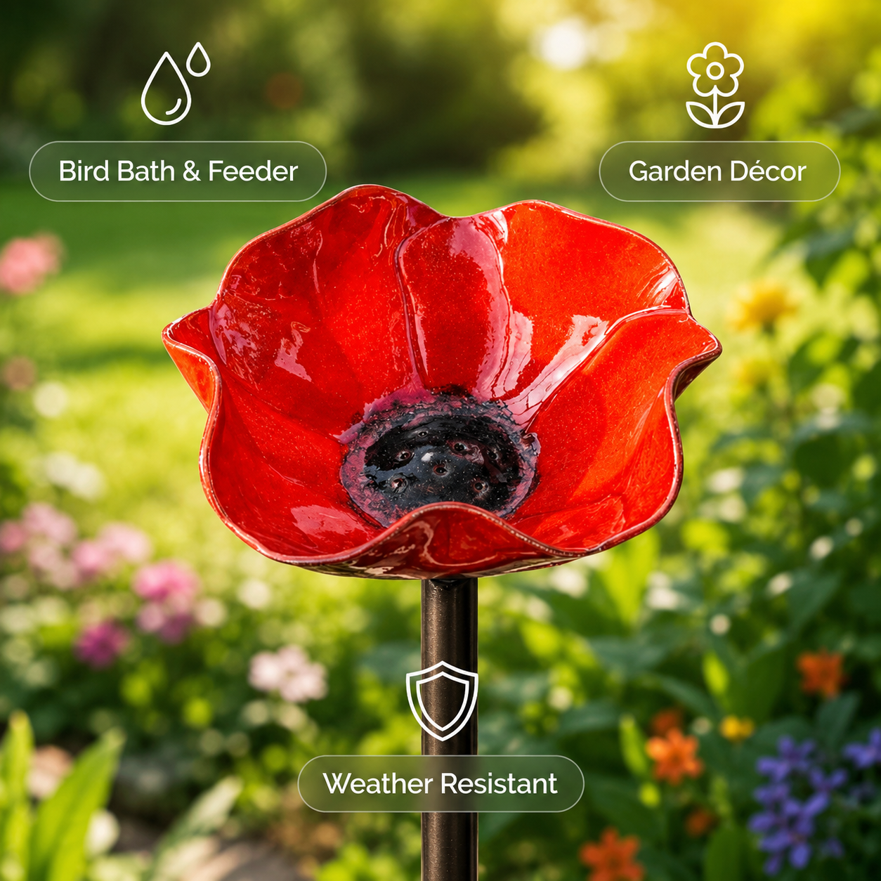 Vibrant Metal Flower Mini Bird Bath & Garden Stake – Outdoor Yard Decor