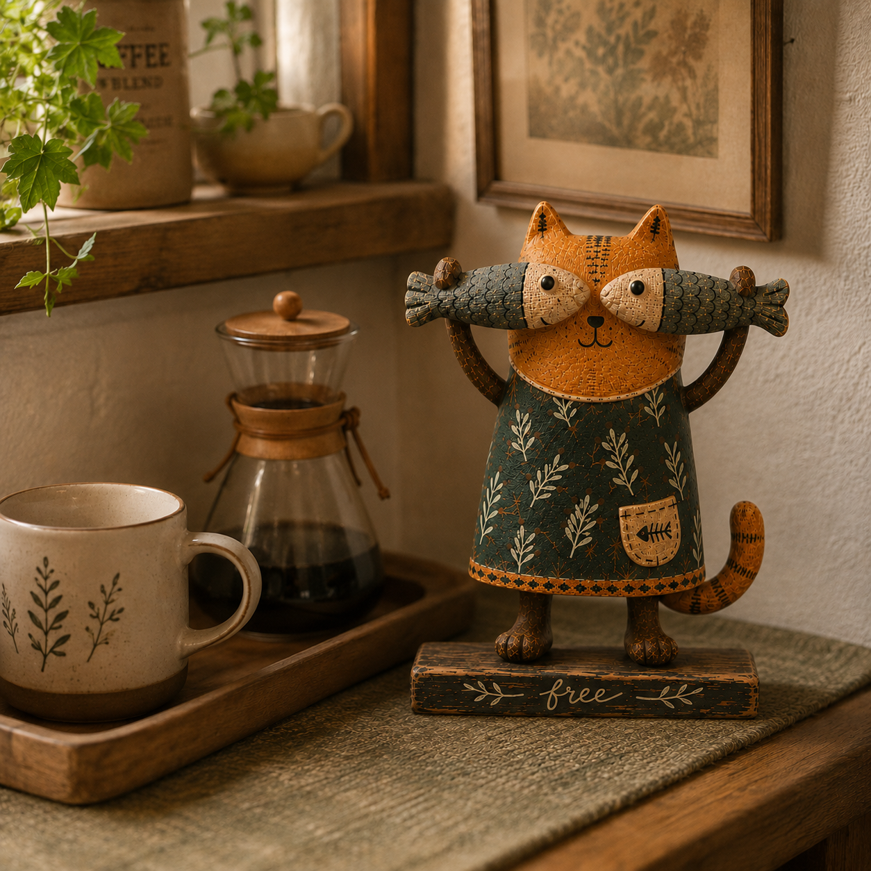 Free Spirit Cat with Fish Wooden Figurine