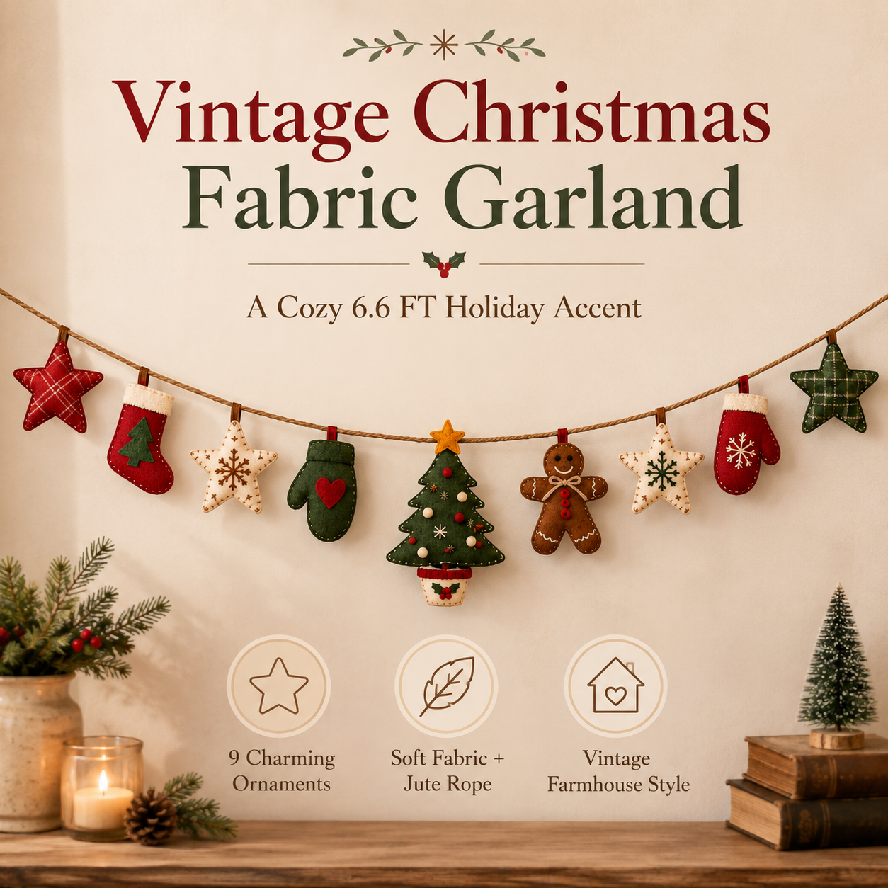 78.7 in Vintage Christmas Fabric Hanging Banner
