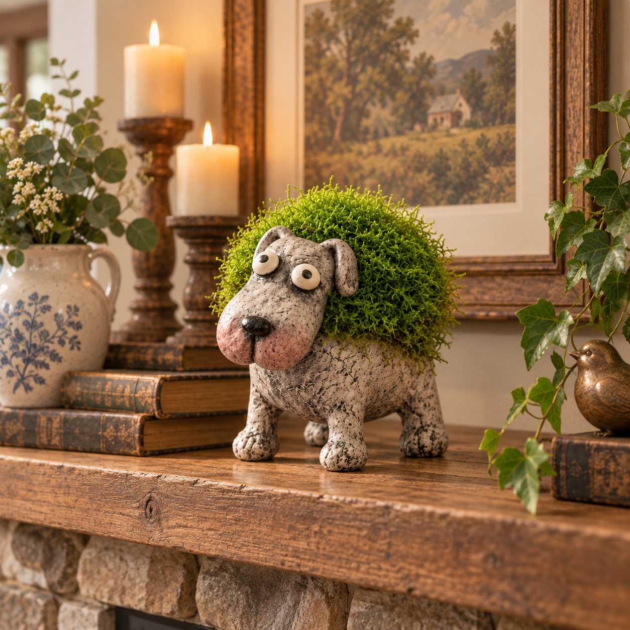 Whimsical Moss-Back Dog Figurine