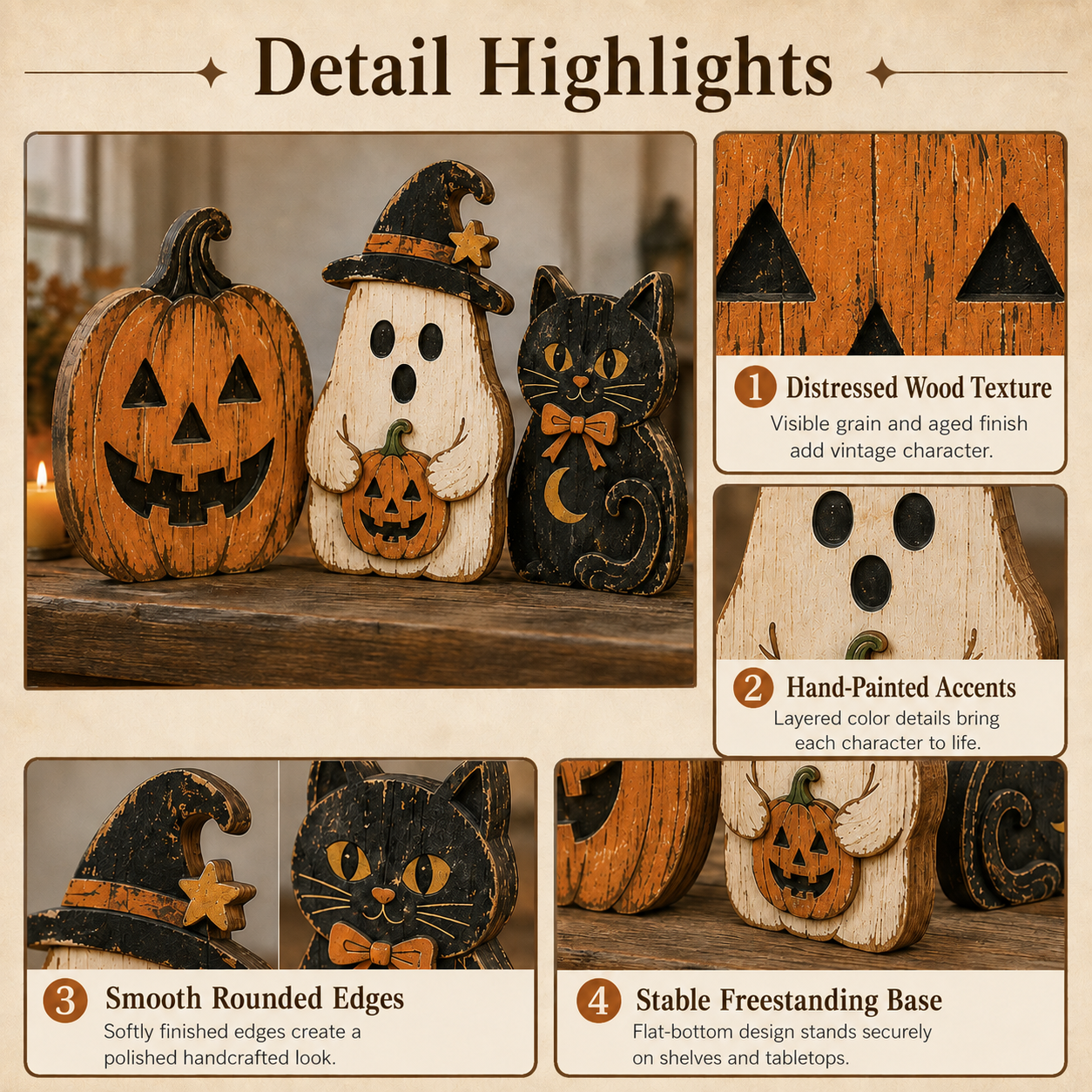 Vintage Halloween Wooden Trio – Pumpkin, Ghost & Black Cat