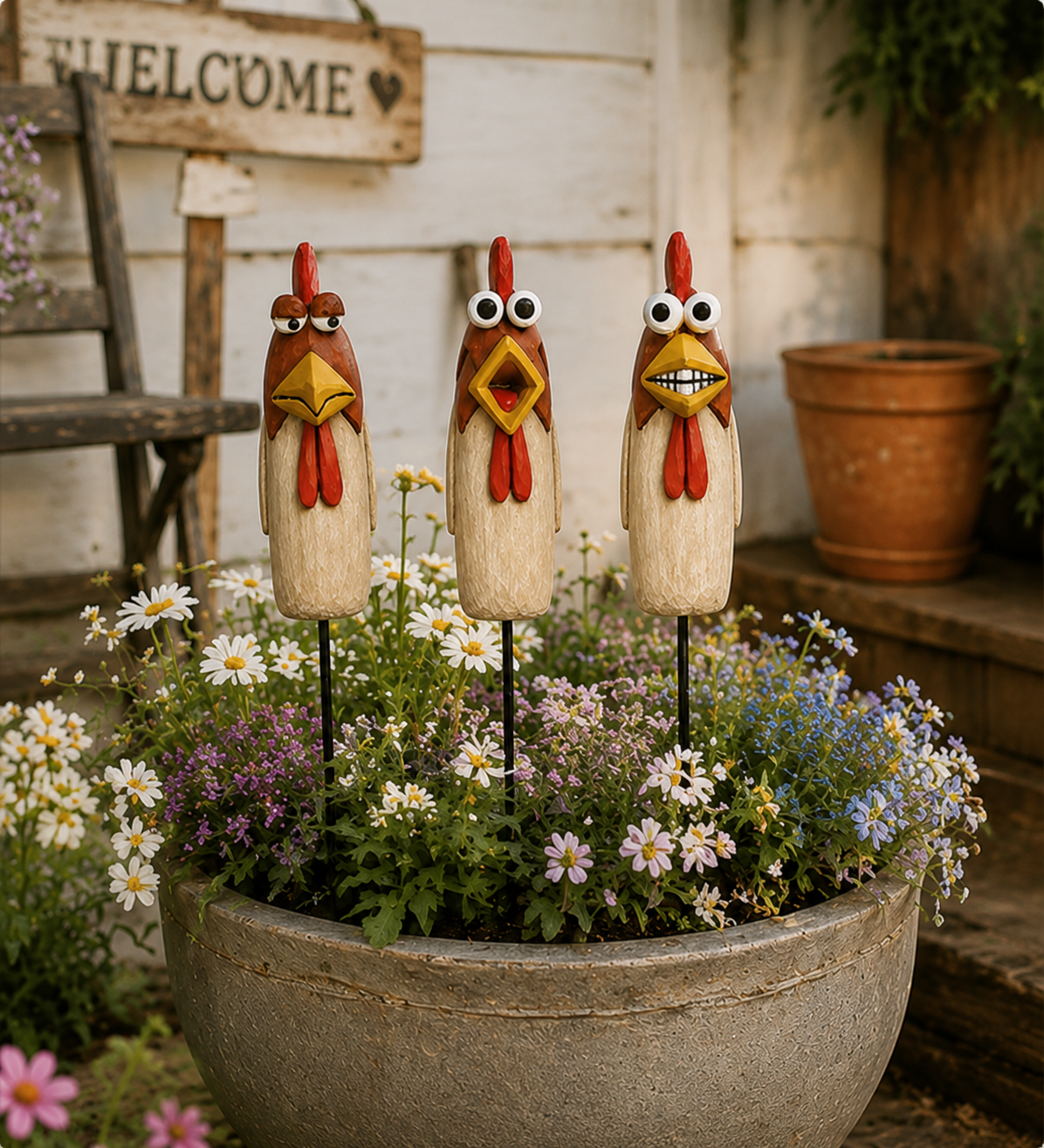 Funny Chicken Garden Stakes – 3 Piece Whimsical Yard Decor for Flower Beds, Planters & Backyard
