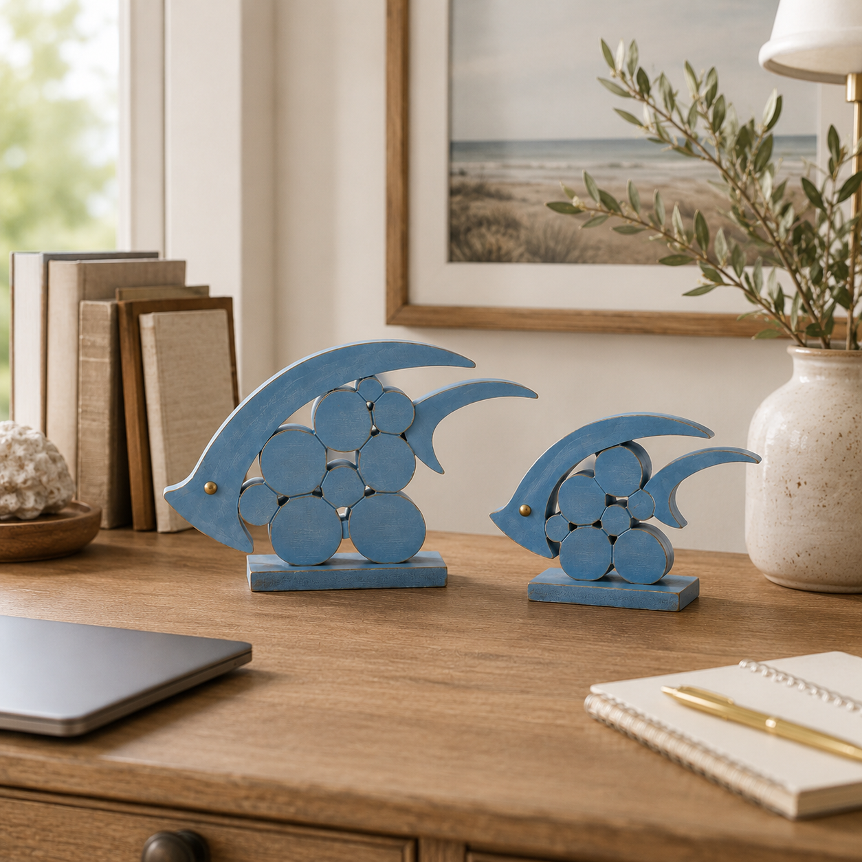 🐟 Coastal Pebble Fish Wooden Decor Set – 2 Pieces