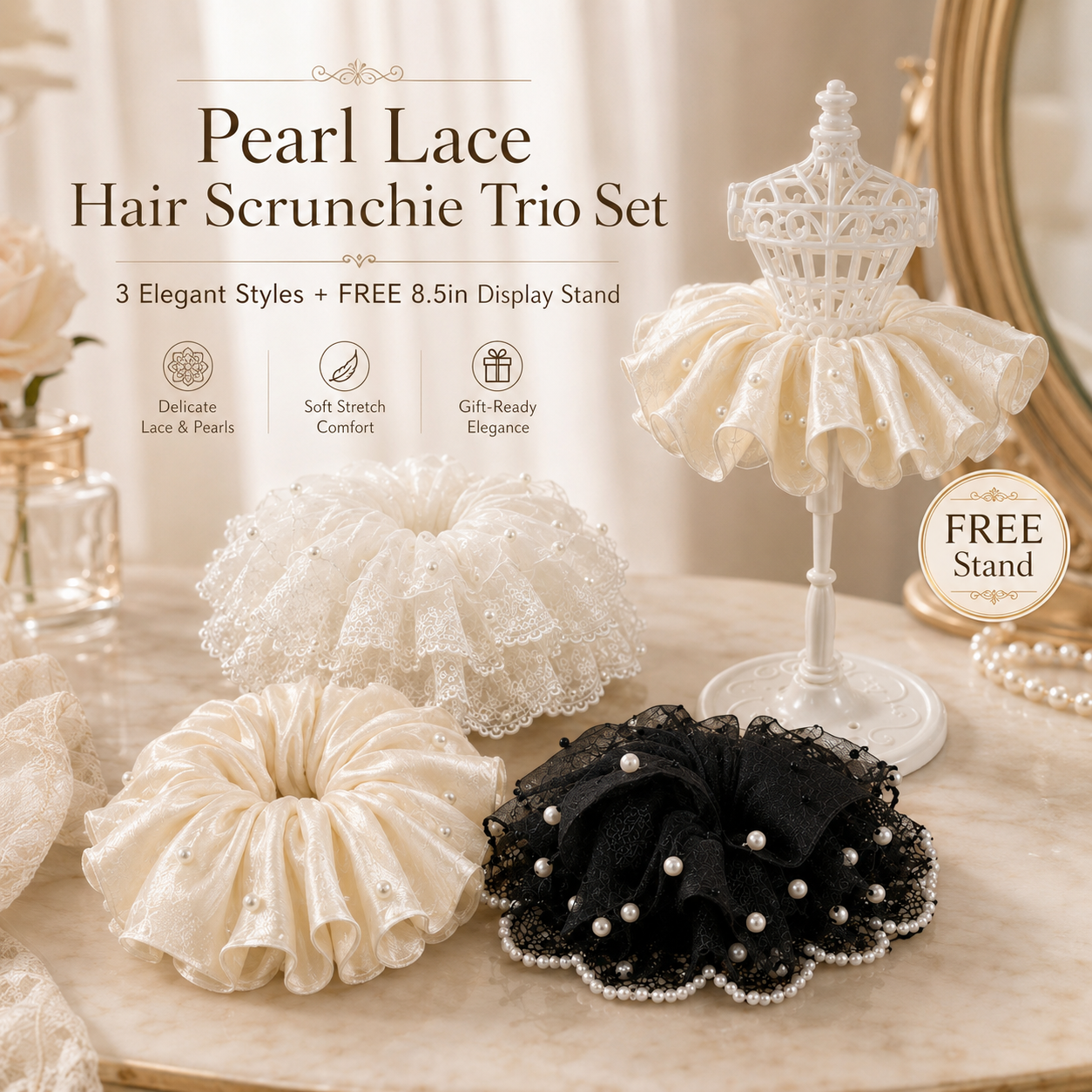 Pearl Lace Hair Scrunchie Trio Set with Display Stand 🎀✨