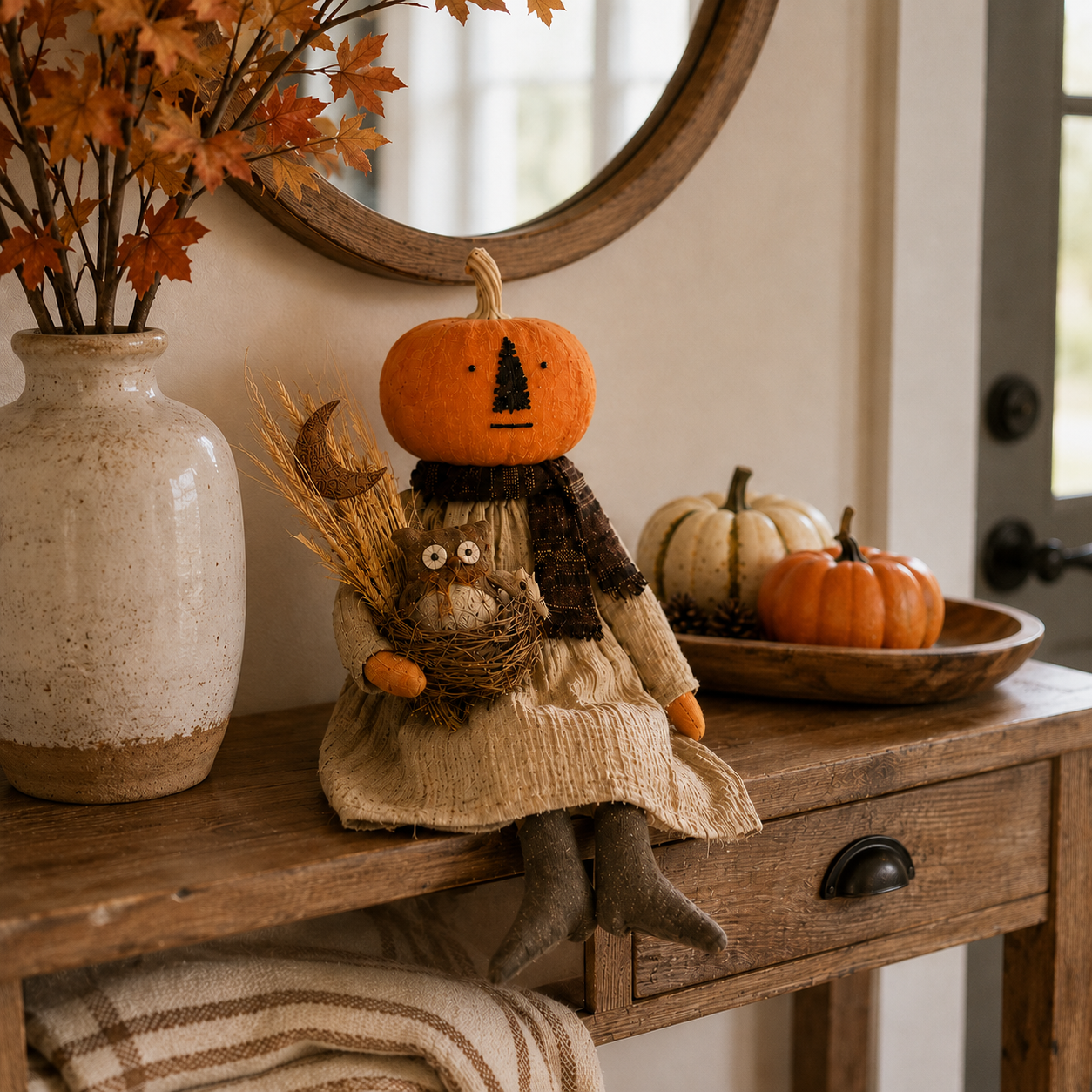 Pumpkin Head Harvest Doll with Gift Box - 11 Inch Fall Tabletop Decor