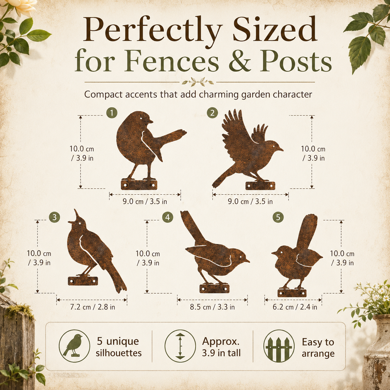 5-Piece Rustic Metal Bird Fence Toppers 