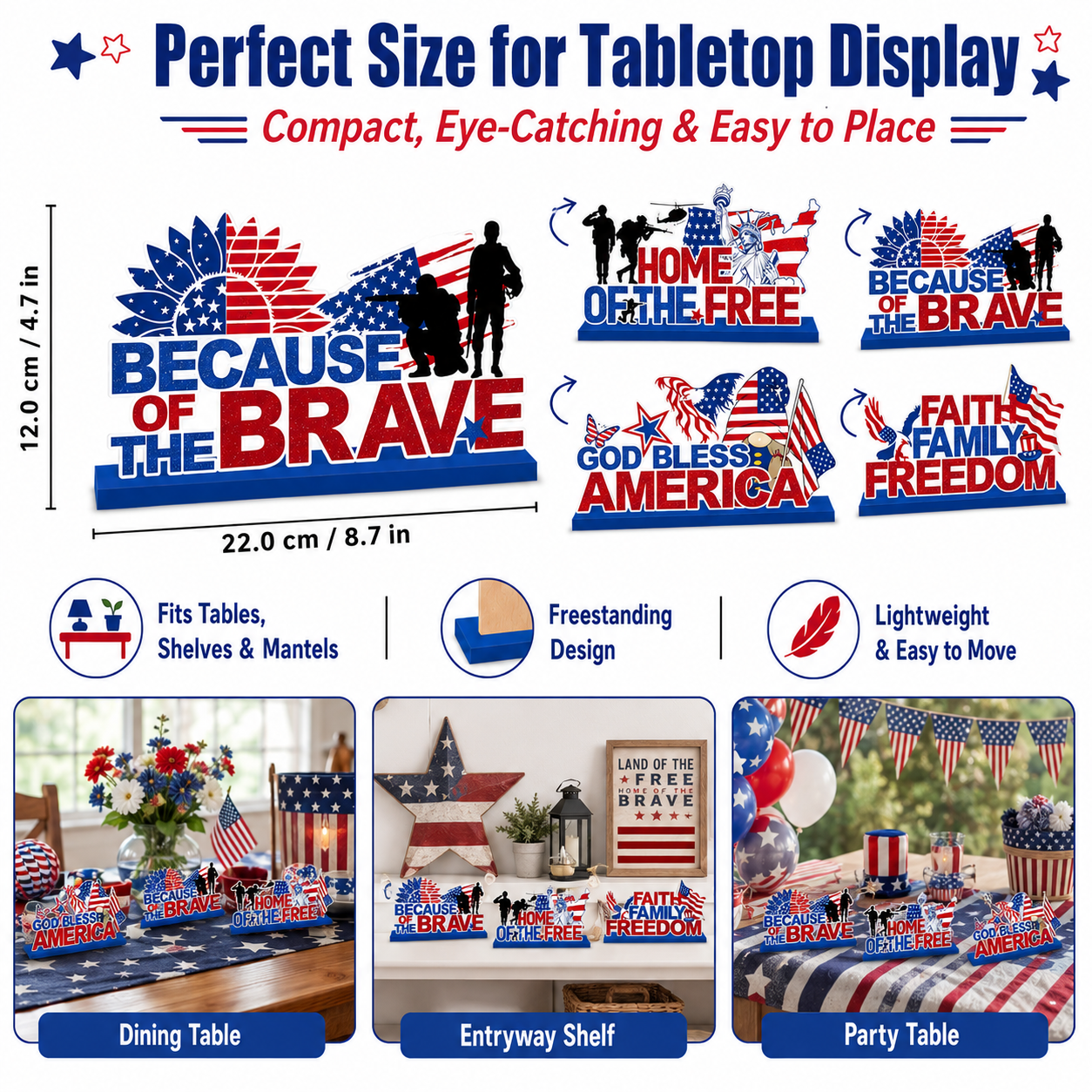 4pcs Patriotic Wooden Tabletop Signs – “Home of the Free”, “Because of the Brave”, “God Bless America”, “Faith Family Freedom”