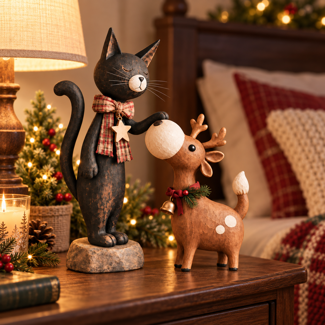 Whimsical Christmas Cat & Reindeer Figurine Set