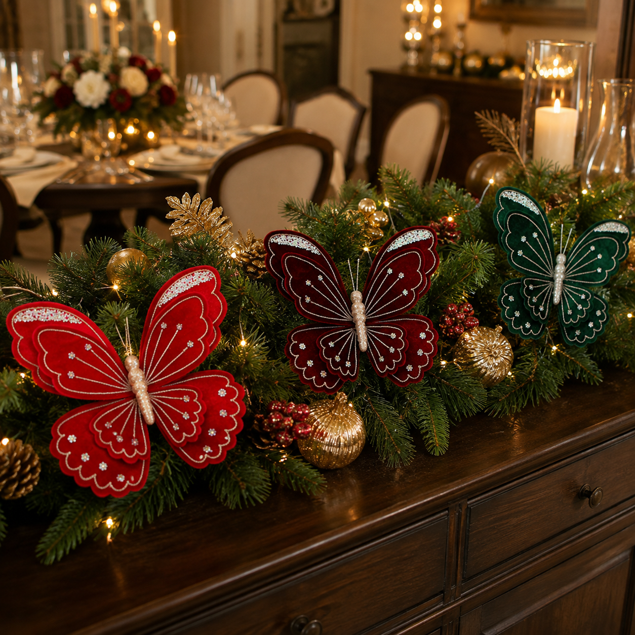 3-Piece Velvet Butterfly Christmas Decorations - 15.8 × 13.8 in