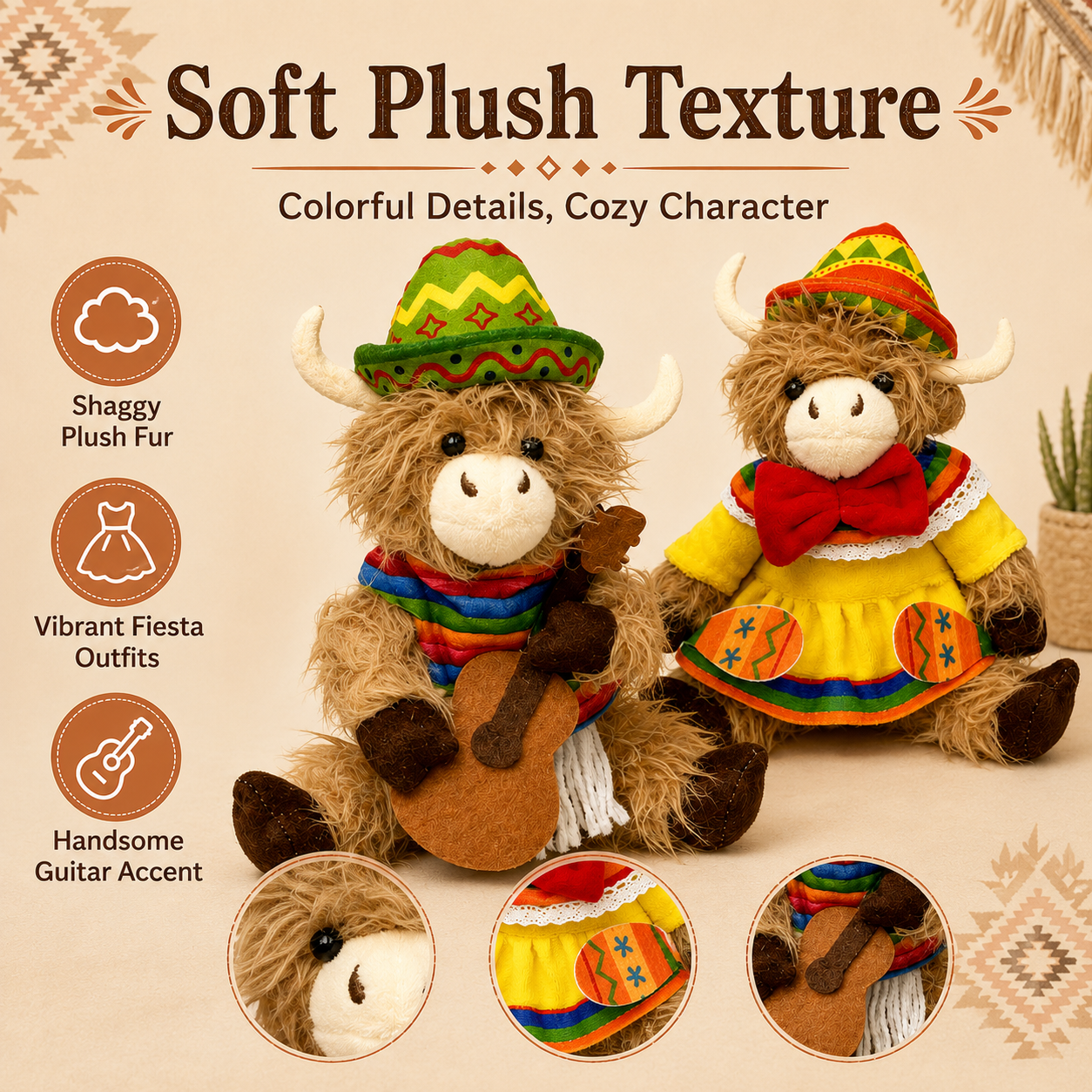 Fiesta Highland Cow Plush Duo – 2-Piece Western Music Farmhouse Decor