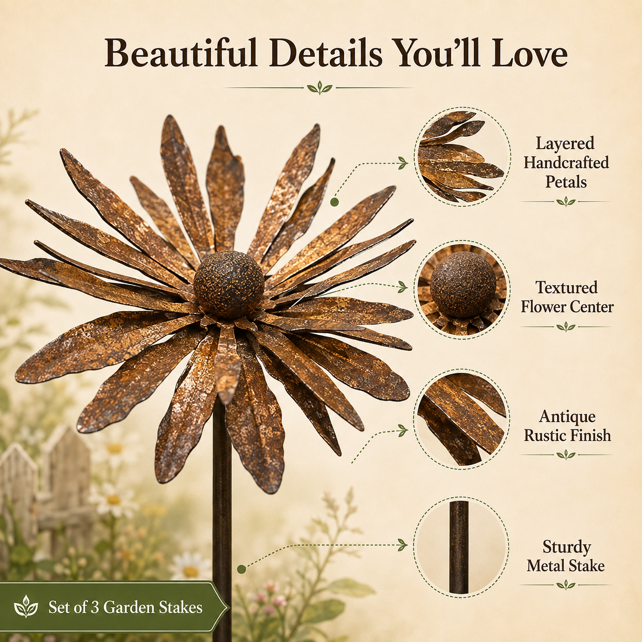 25.6" Tall Vintage Wildflower Metal Garden Stakes - Set of 3