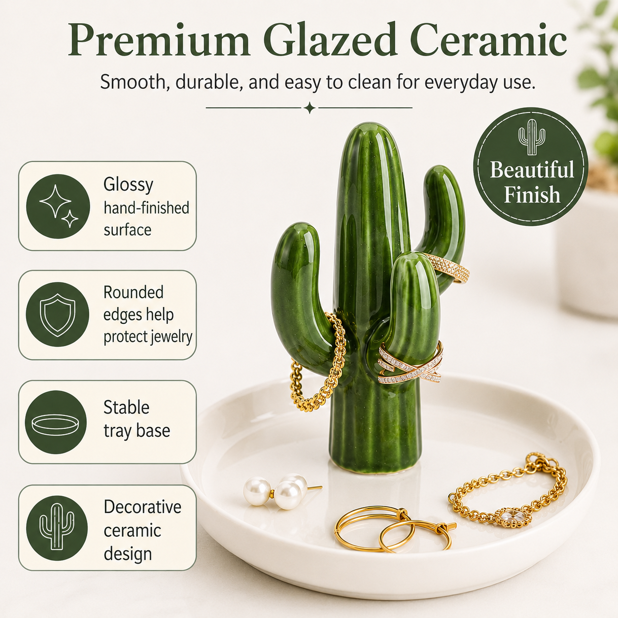 Cactus and aloe vera ceramic jewelry storage box and tray