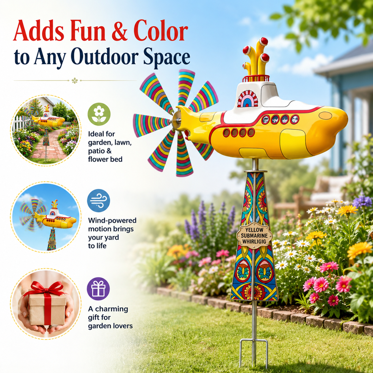 Yellow Submarine Garden Whirligig Wind Spinner Stake, 33.4 Inch Outdoor Yard Windmill Decoration with Colorful Propeller