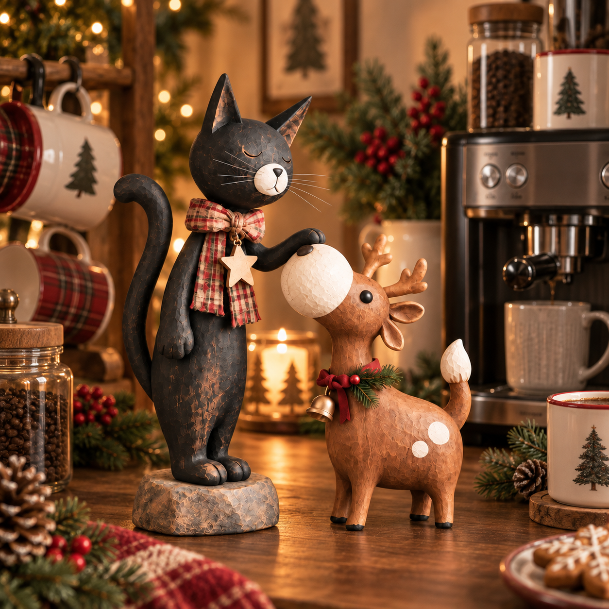Whimsical Christmas Cat & Reindeer Figurine Set