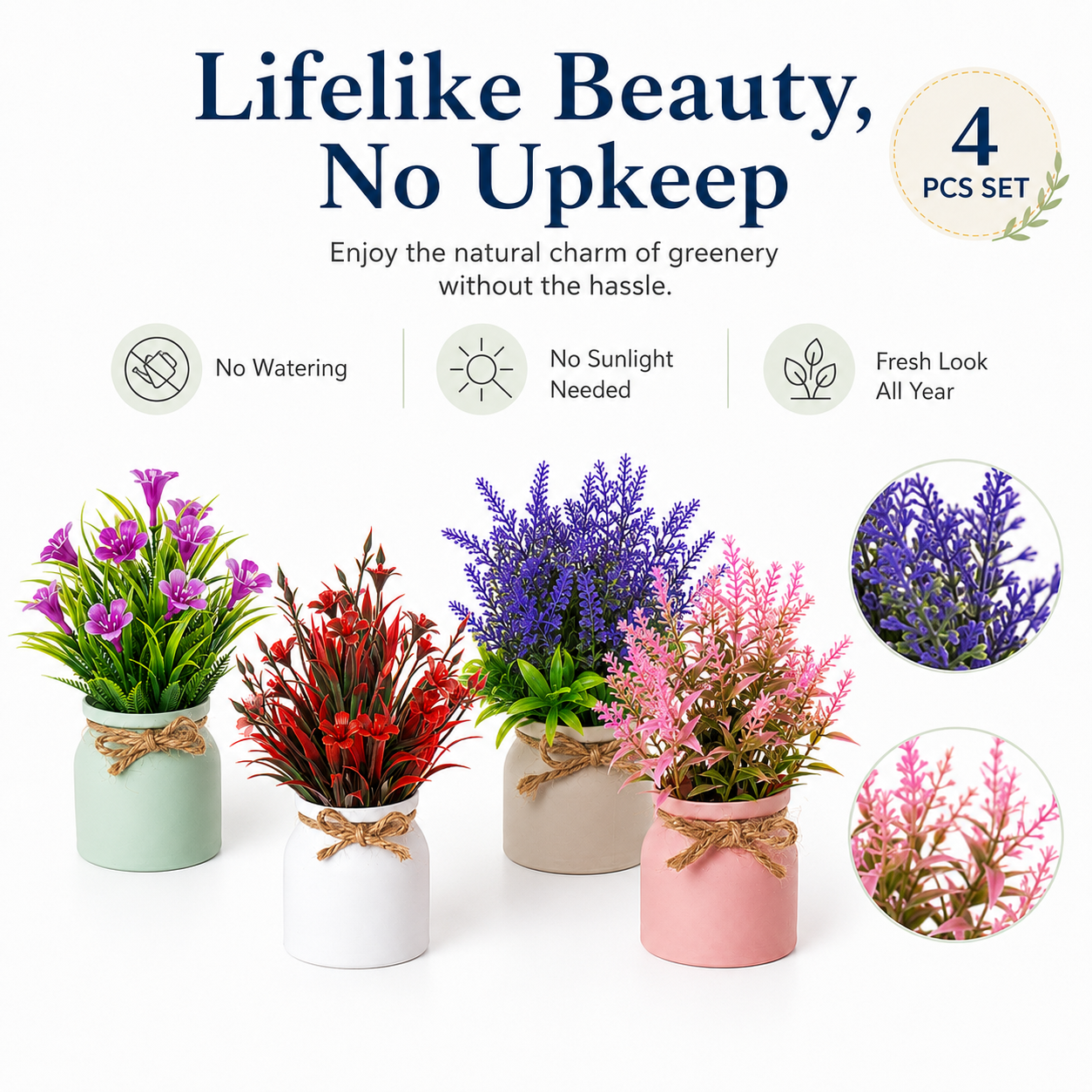 Set of 4 Mini Artificial Potted Flowers, Faux Lavender & Wildflower Plants with Rustic Rope Bow