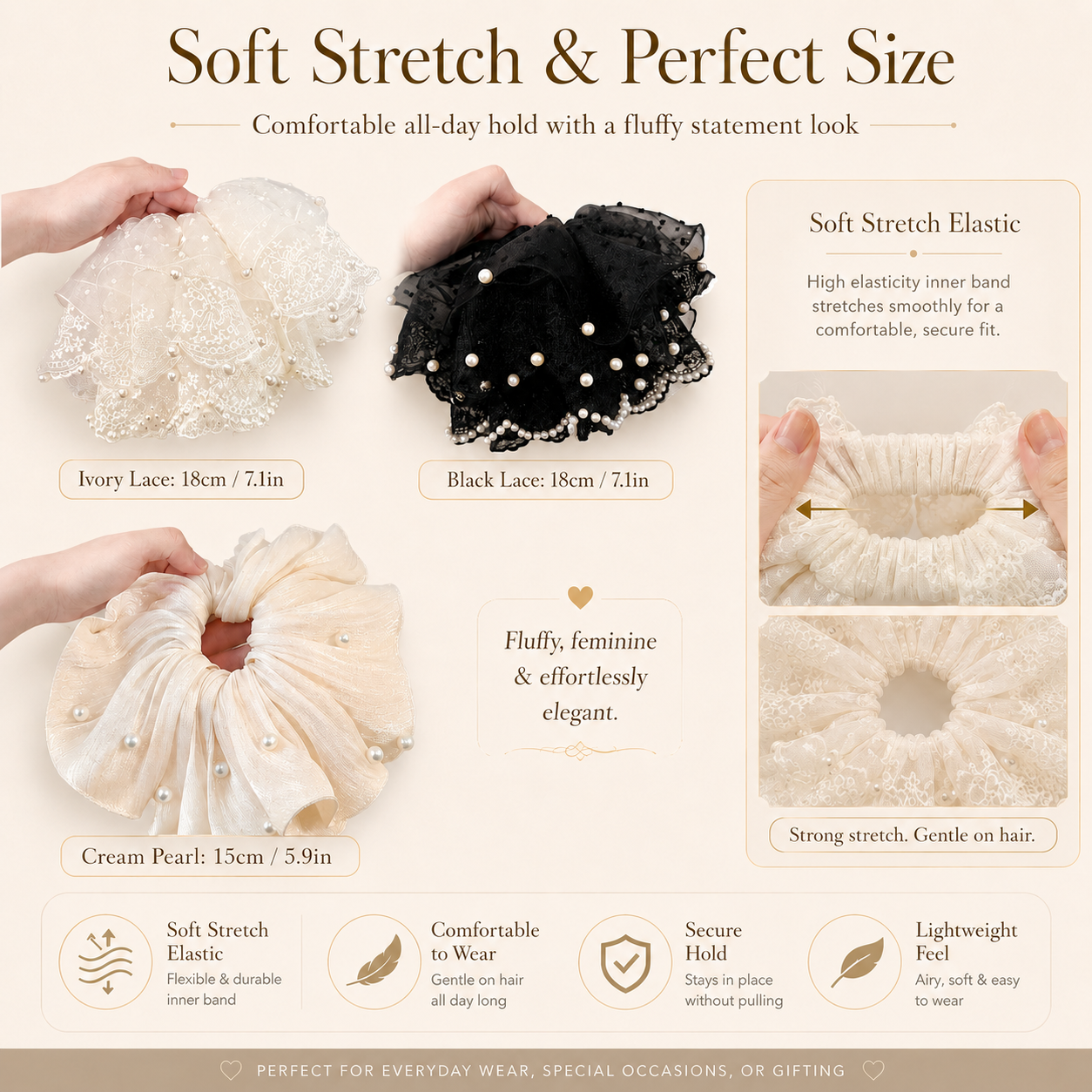 Pearl Lace Hair Scrunchie Trio Set with Display Stand 🎀✨