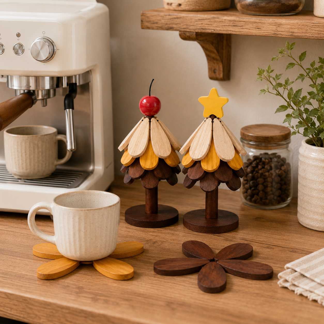 2-in-1 Wooden Trivet Tree Set – 5 Fold-Out Heat Pads 🌳