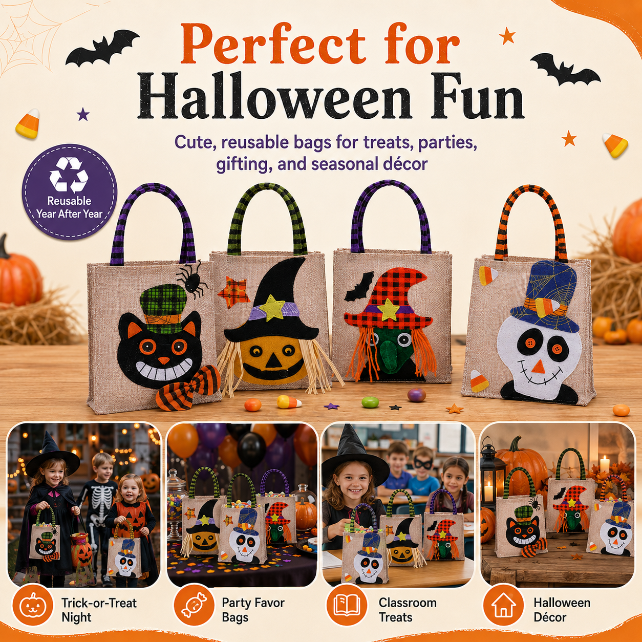 🎃 Whimsical Halloween Trick-or-Treat Bags – Set of 4