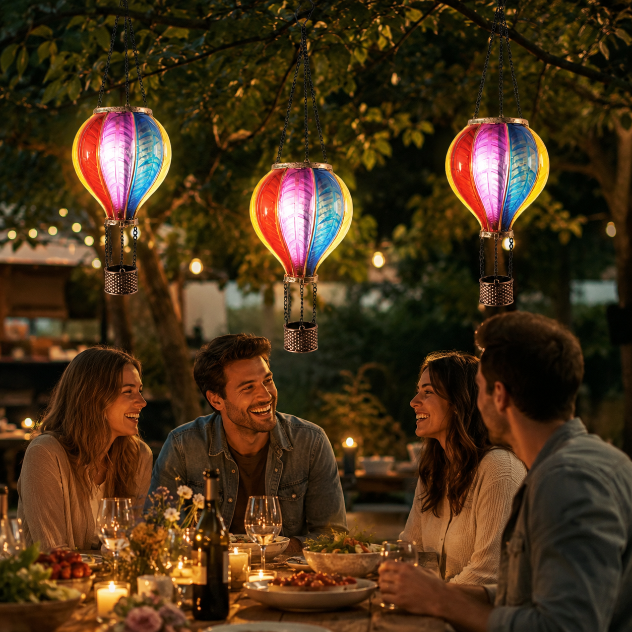 Solar Hot Air Balloon Hanging Lantern, Colorful Stained Glass Style Outdoor Solar Garden