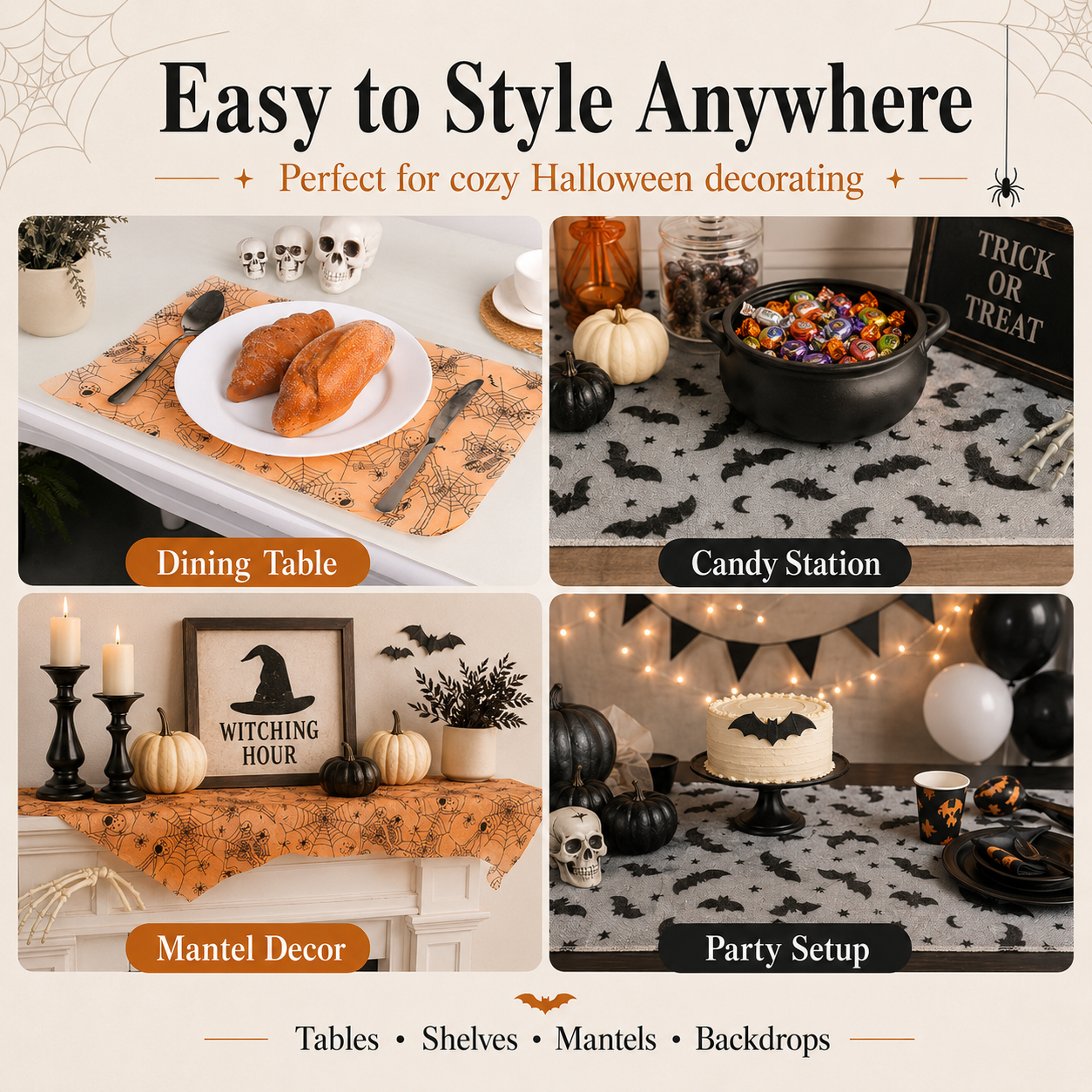 🎃 Halloween Sheer Table Runner Roll Spider Web & Bat Mesh Decor for Party Tables