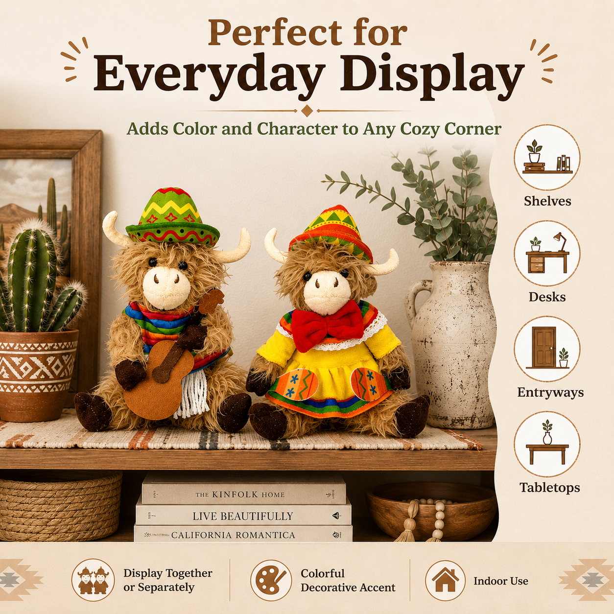 Fiesta Highland Cow Plush Duo – 2-Piece Western Music Farmhouse Decor