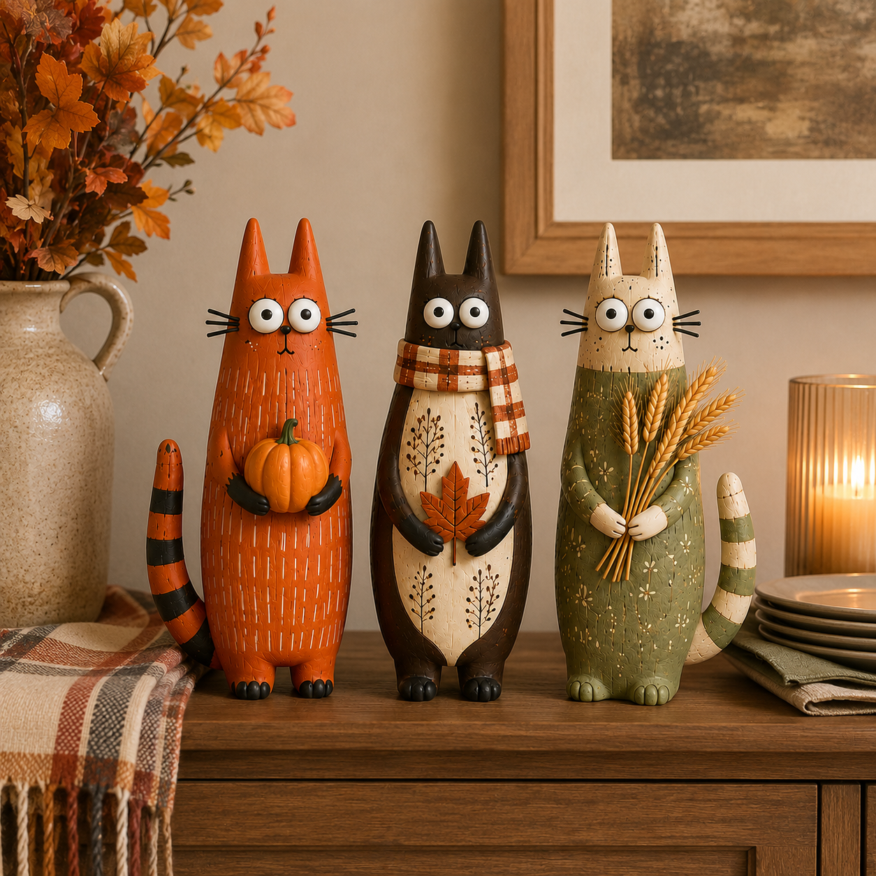 Whimsical Harvest Cat Figurine Set – Set of 3