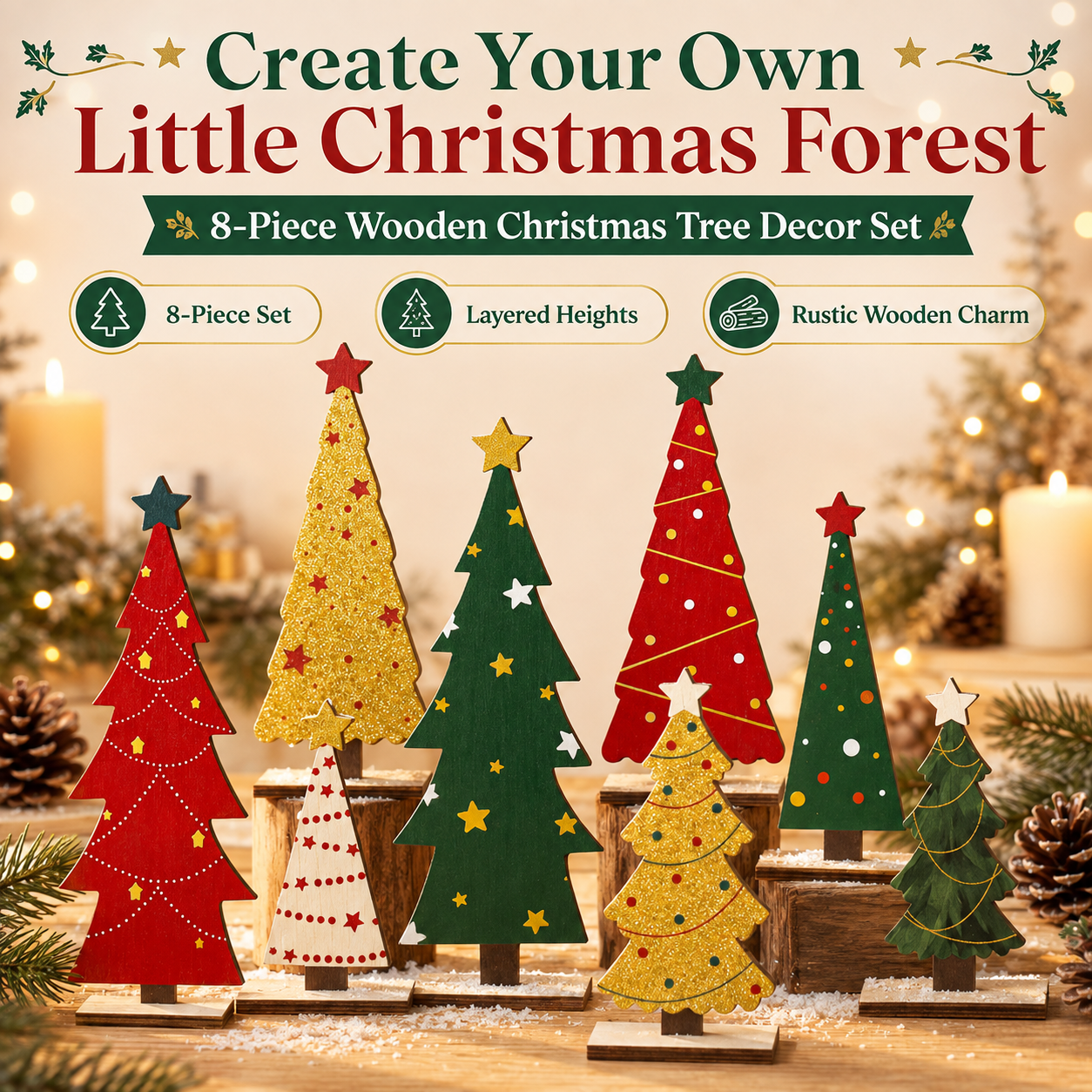 8-Piece Rustic Wooden Christmas Tree Decor Set