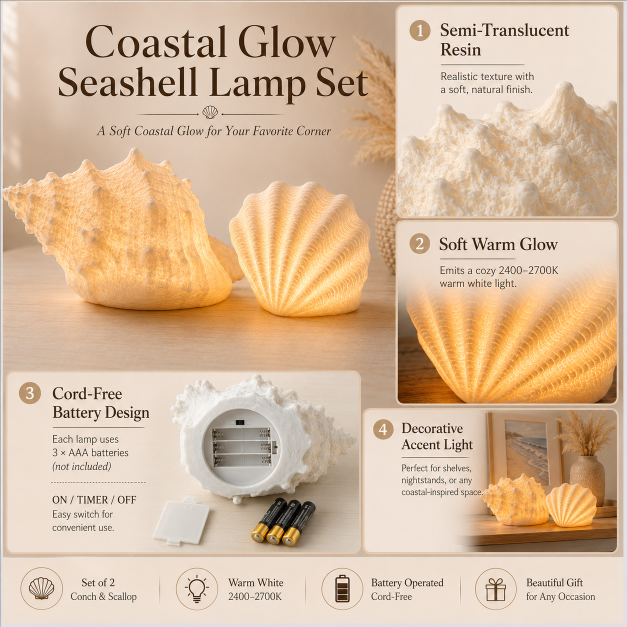 Coastal Glow Seashell Lamp Set