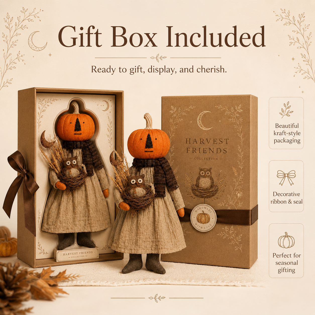 Pumpkin Head Harvest Doll with Gift Box - 11 Inch Fall Tabletop Decor