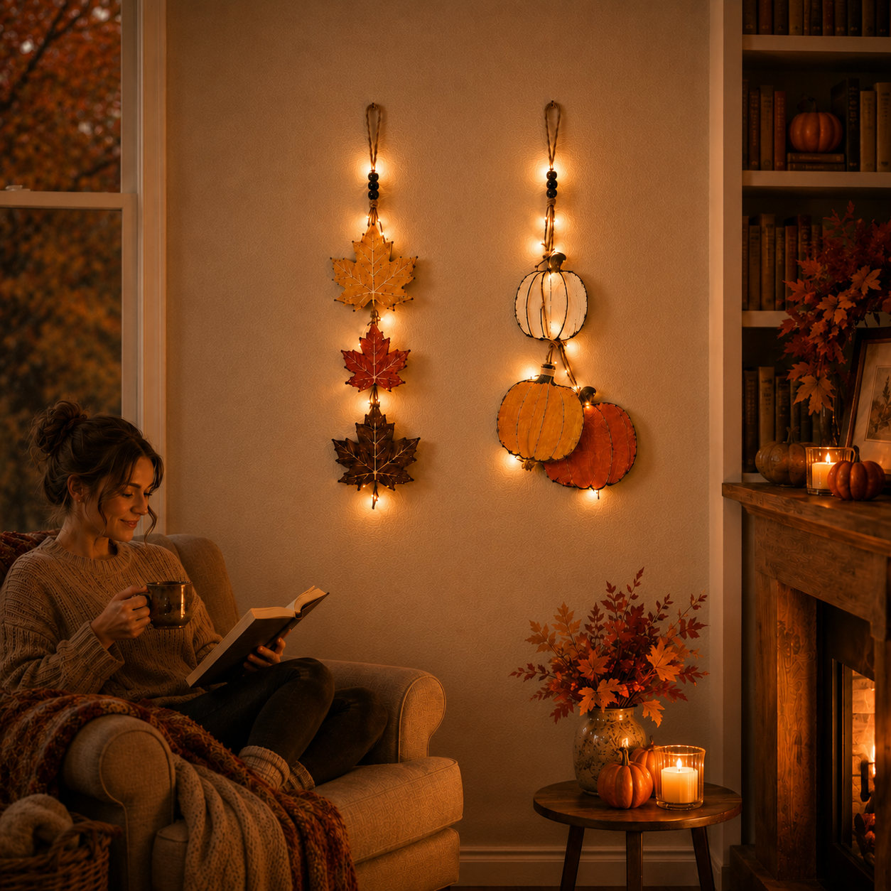 23.6 in Lighted Fall Wooden Hanging Decor Set – Maple Leaves & Pumpkins
