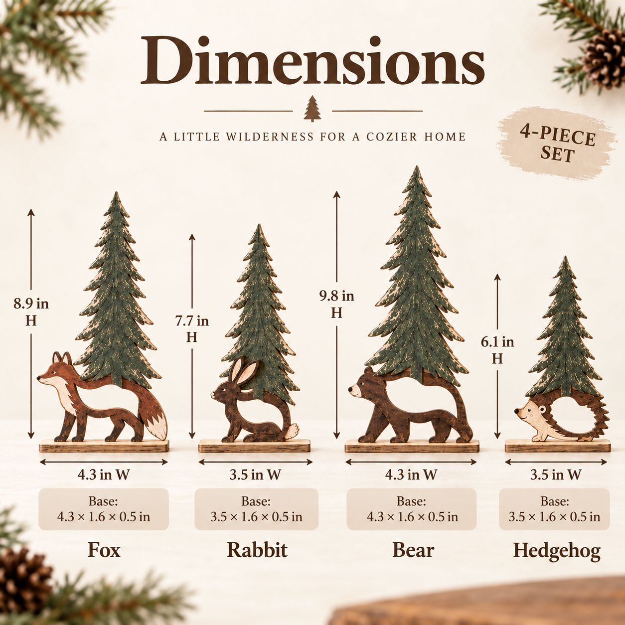 Woodland Christmas Forest Friends Set - 4 Piece Rustic Wooden Animal Tree Decor