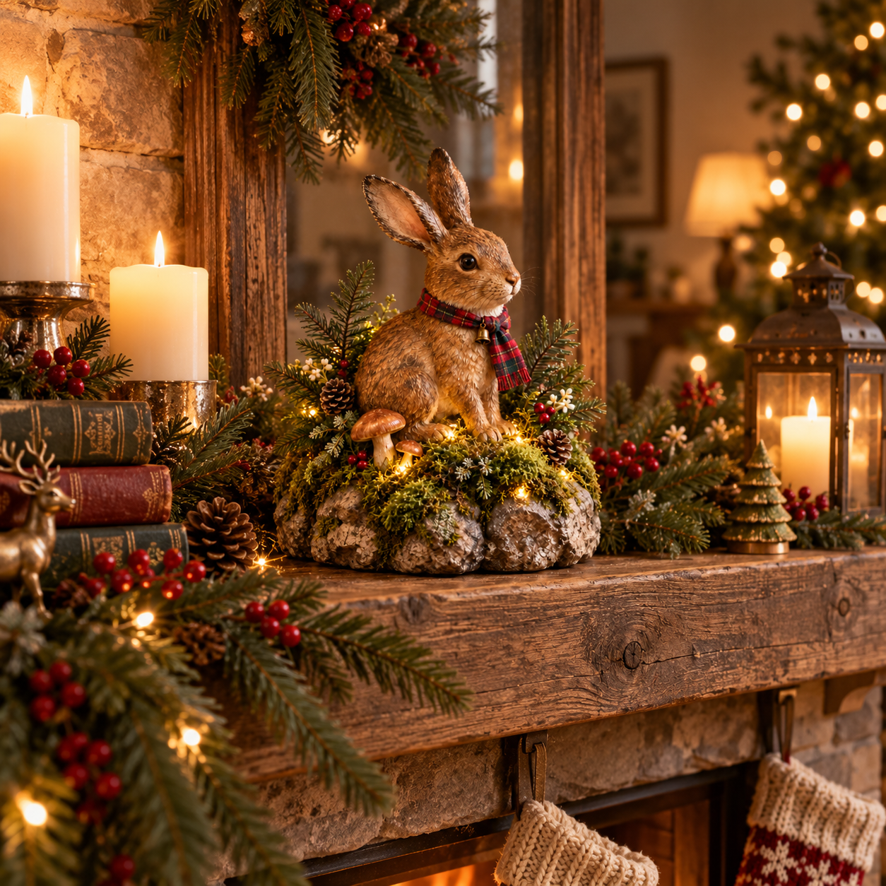 Lighted Woodland Christmas Rabbit Figurine
