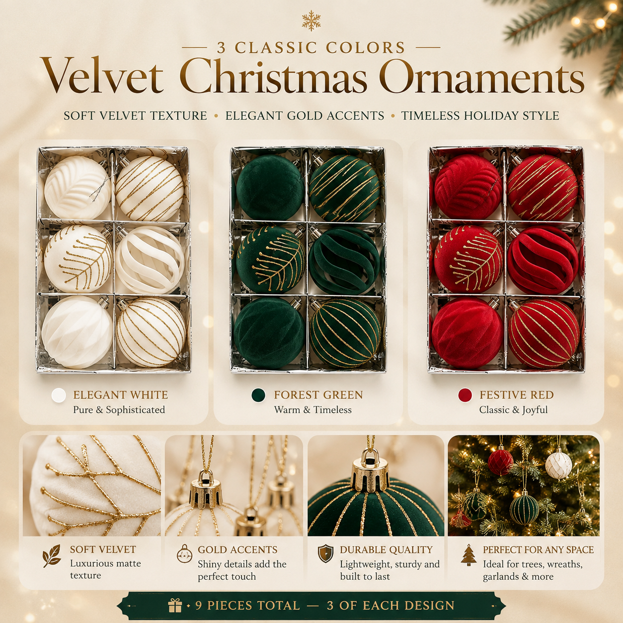 Luxe Velvet Christmas Ornaments – 6-Piece Holiday Bauble Set