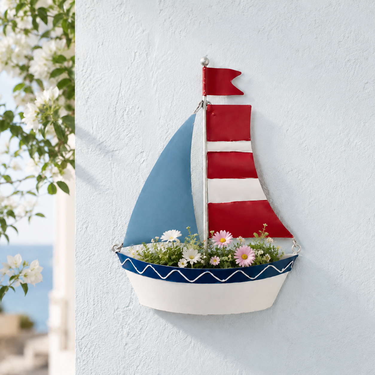 Coastal Sailboat Metal Wall Planter – Nautical Hanging Flower Basket⛵