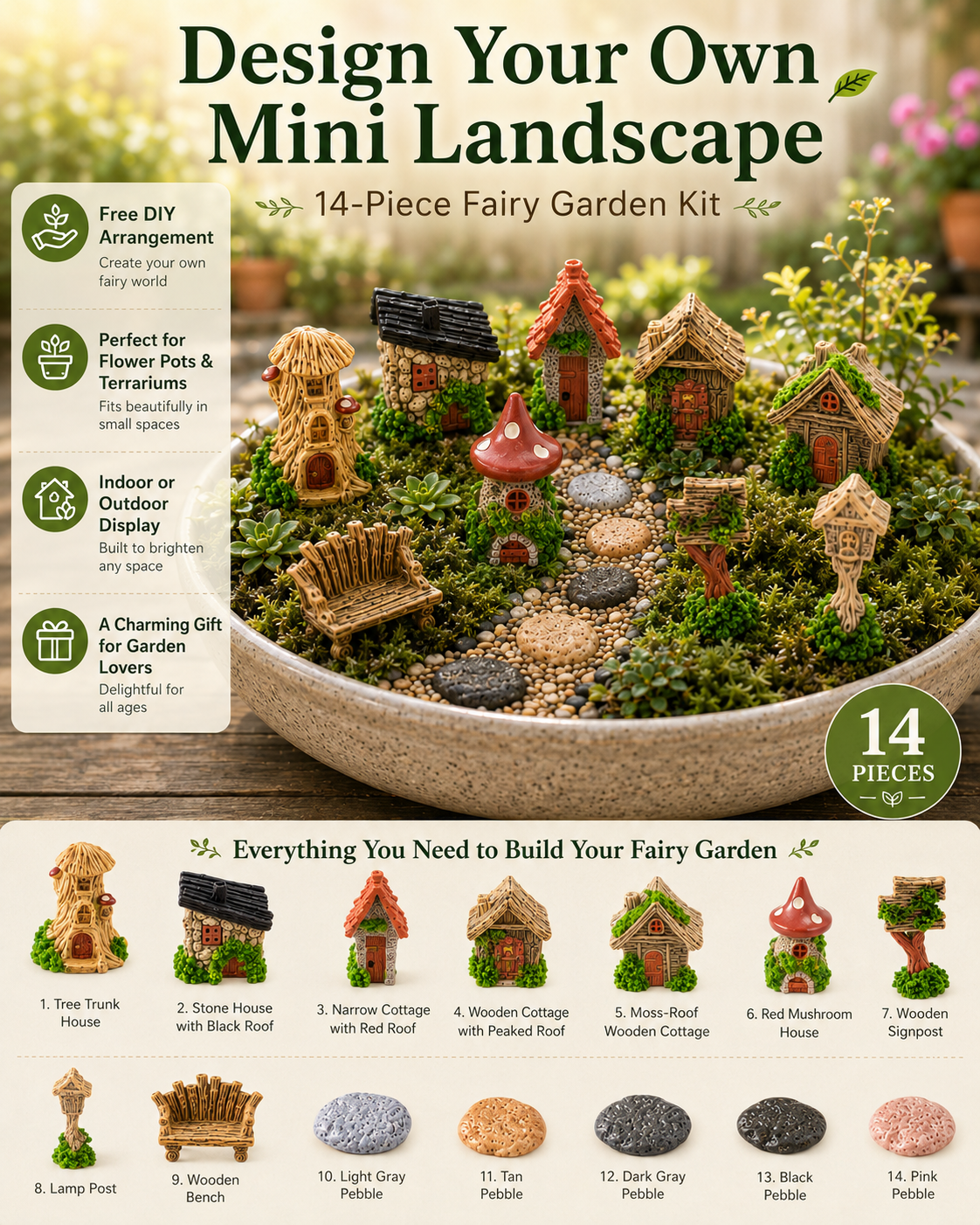 🌿 14-Piece Mini Fairy Garden Kit – Miniature Village Decor for Plant Pots, Terrariums & Backyard Micro Landscapes