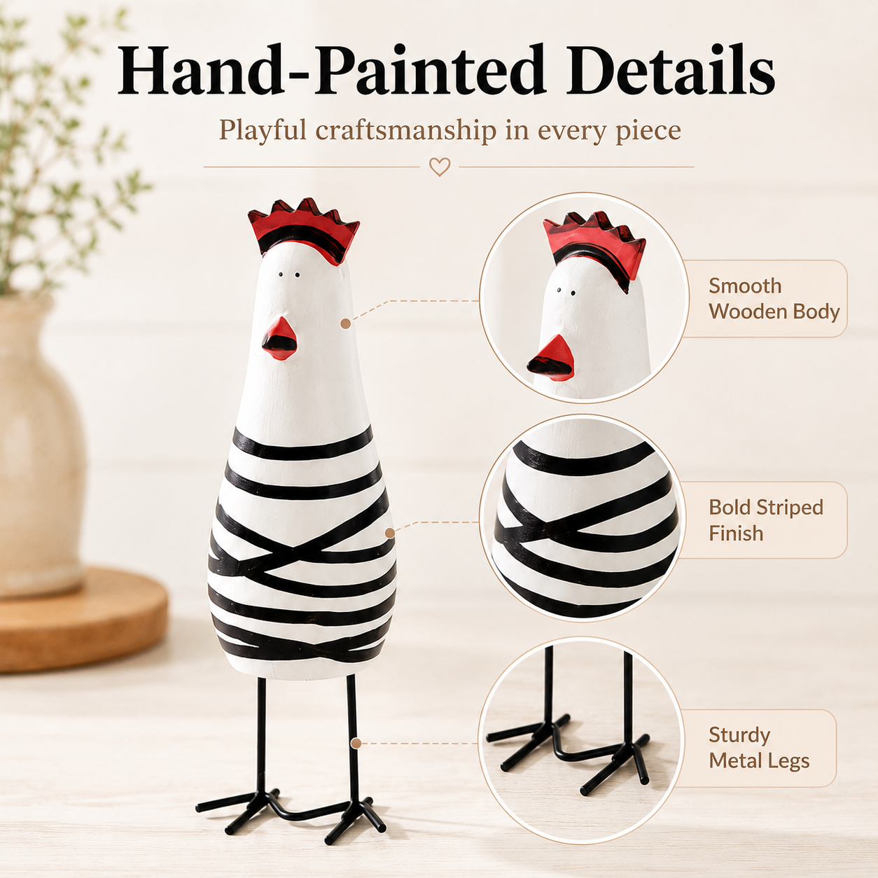 Whimsical Hand-Painted Wooden Chicken Figurines – Set of 3 🐓
