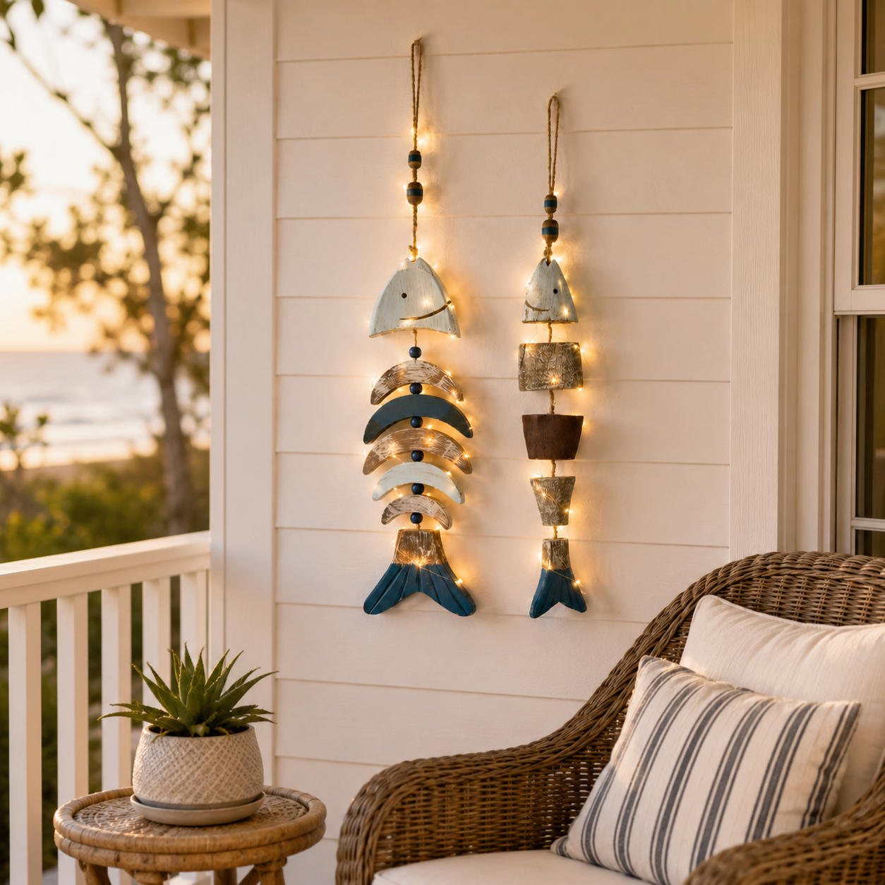 🌊 Lighted Coastal Wooden Fish Hanging Decor Set of 2