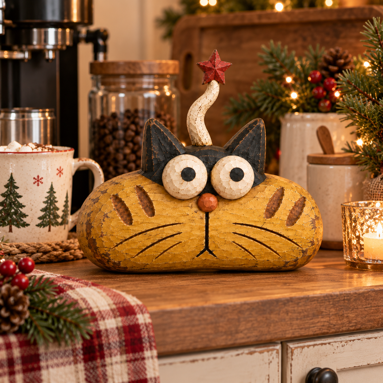 Rustic Christmas Star Cat Figurine