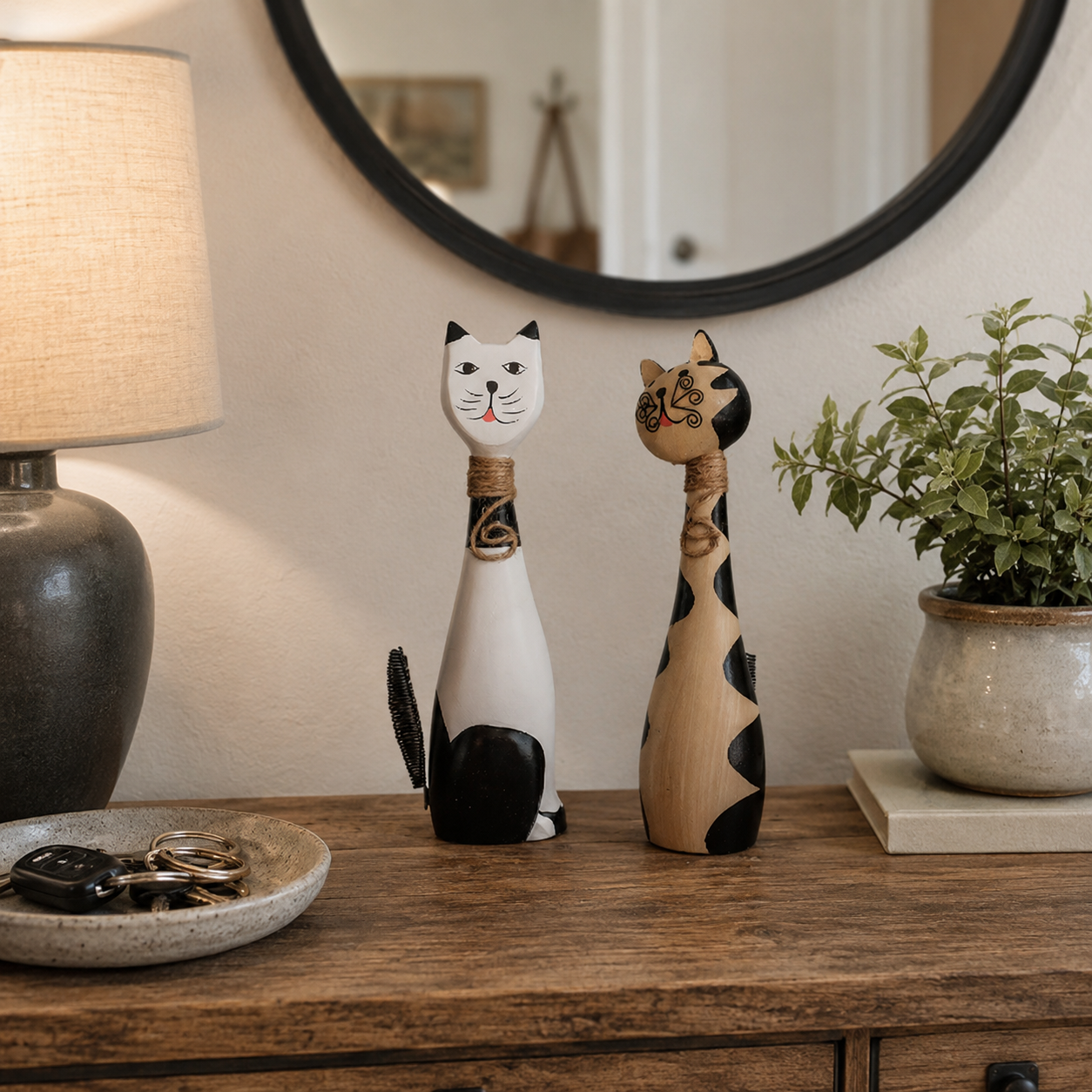 11 in Whimsical Hand-Painted Wooden Cat Figurines – Set of 2 🐱