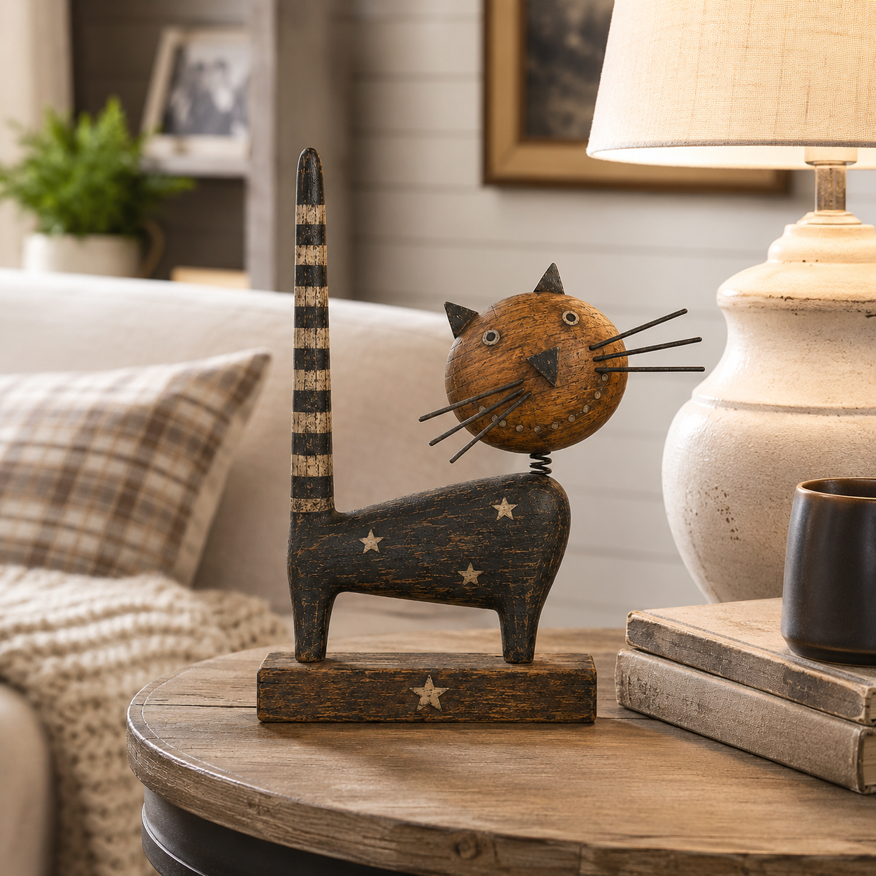 Vintage Primitive Wooden Cat with Metal Accents