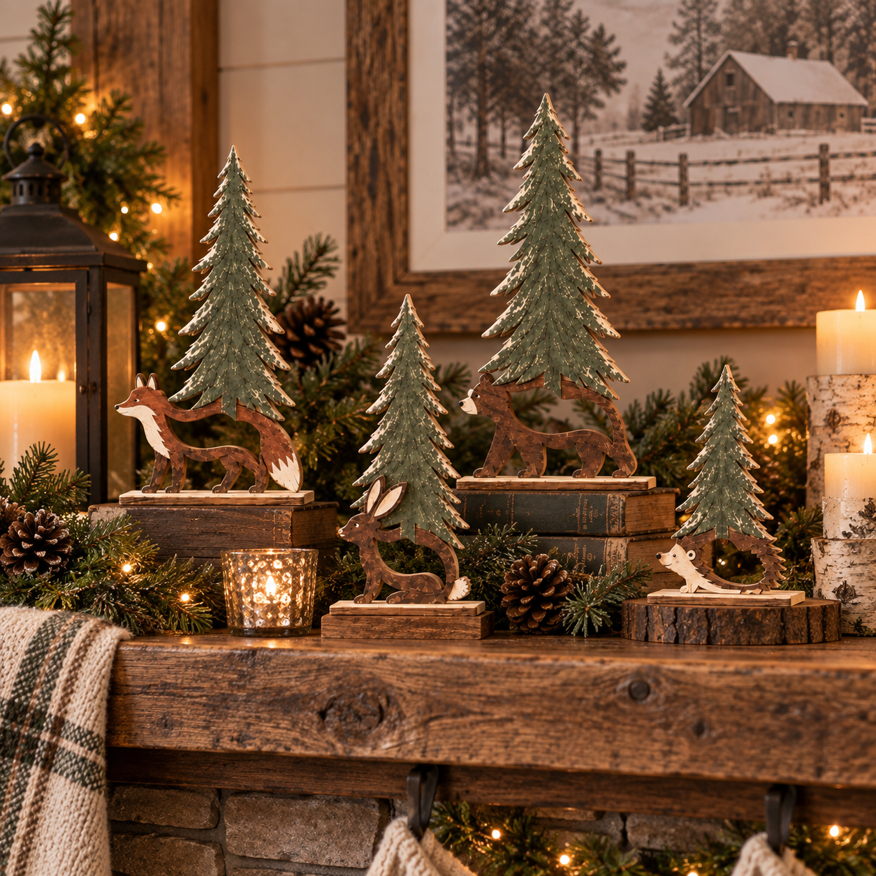 Woodland Christmas Forest Friends Set - 4 Piece Rustic Wooden Animal Tree Decor