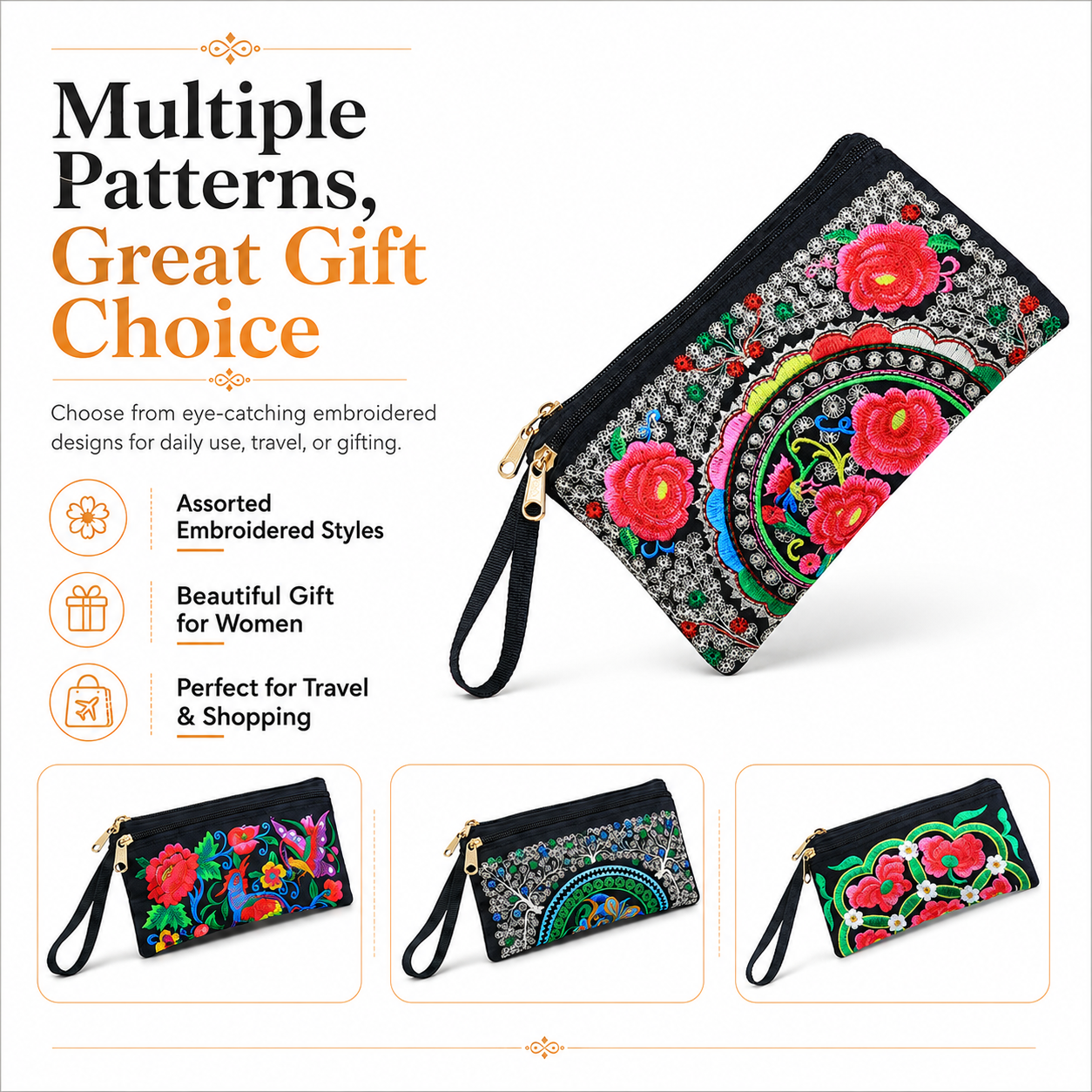 Embroidered Ethnic Style Wristlet Handbag, Double Zipper Floral Phone Purse