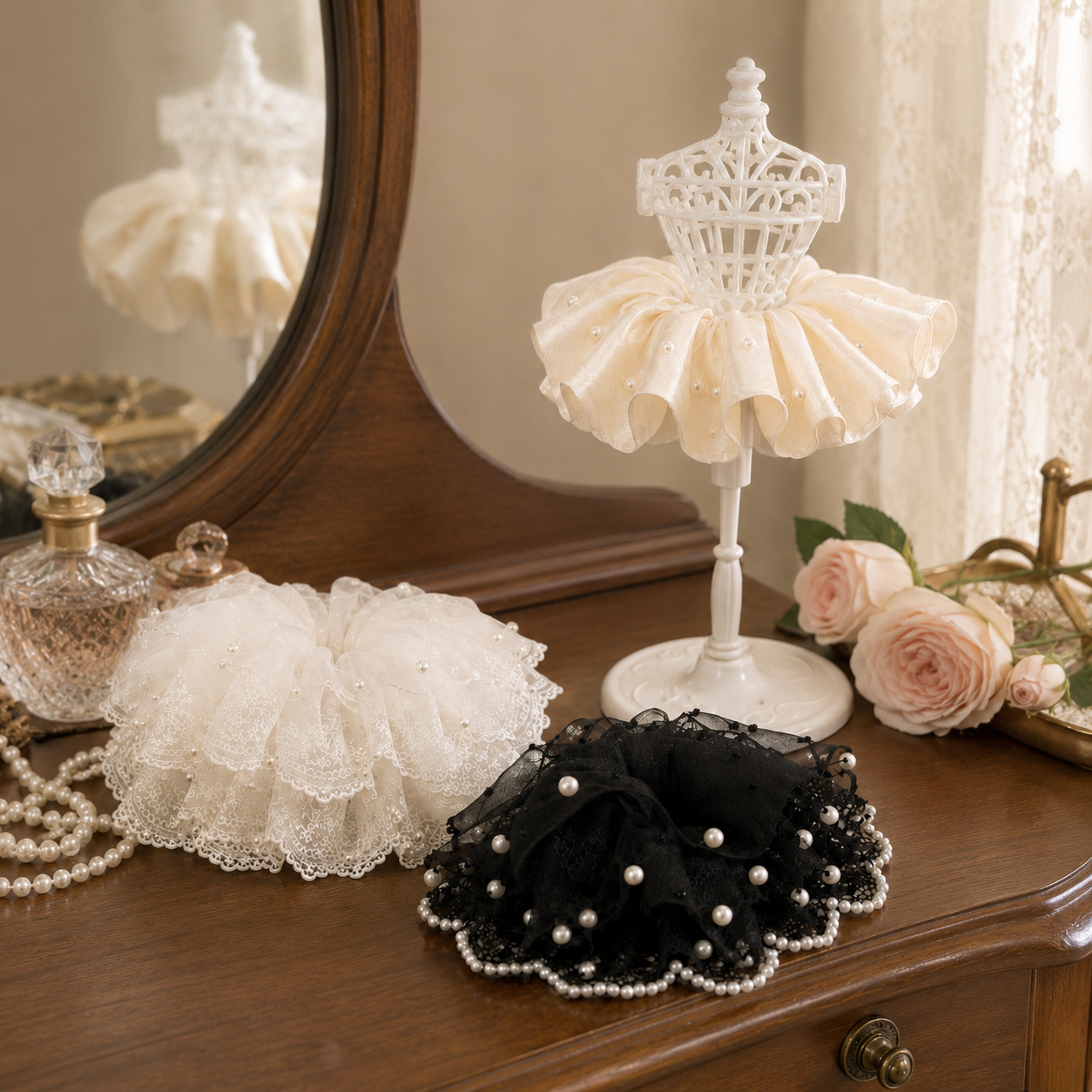 Pearl Lace Hair Scrunchie Trio Set with Display Stand 🎀✨