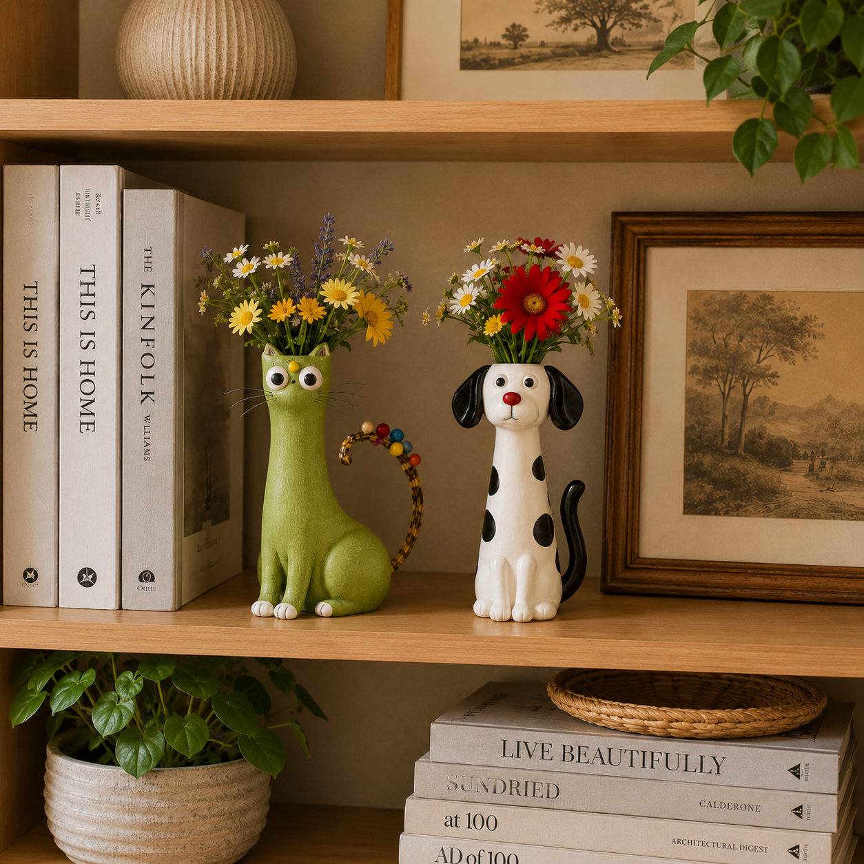 Whimsical Cat & Dog Decorative Vase Set – Set of 2